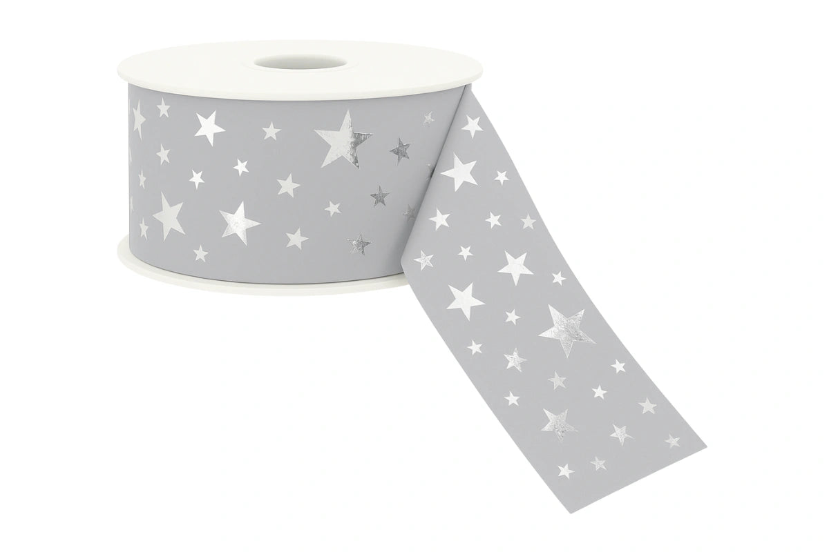 Silver White Tear Ribbon with Stars - Sold Per Meter 30mm