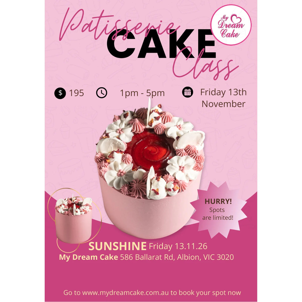 Beginner Cake Decorating Class – Buttercream Cake Basics - Sunshine - $195 - 13.11.2026