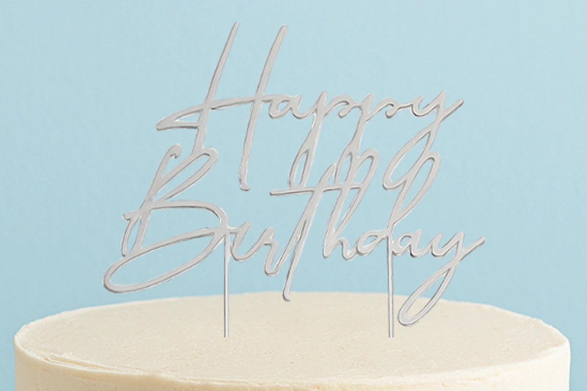 Silver Cake Topper - Happy Birthday Style4 Cake & - Cake and Candle
