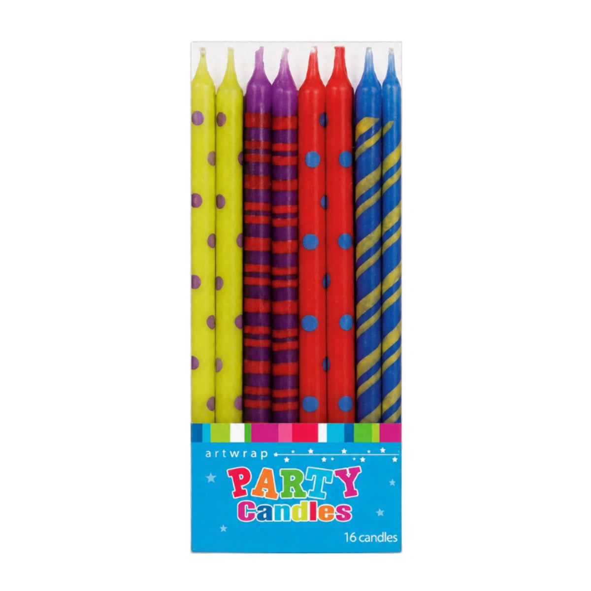 Tall Multicolour Dots Stripes Birthday Candles (16 Pack) - Artwrap