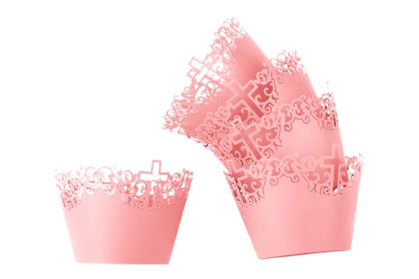 Pink Christ Cross Baby Cake Wrappers - Cake Decorating Tools - Pack of 12 Wraps. - Gateau Art
