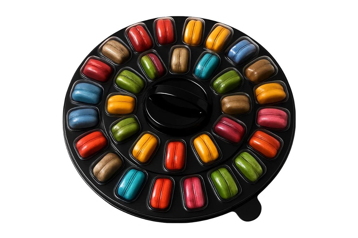 Black Macaron Pet Box with Base with Handle - Holds 33 - Iconic Cake Art