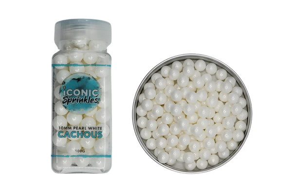 White 10mm Pearl Cachous 100g - Iconic Sprinkles