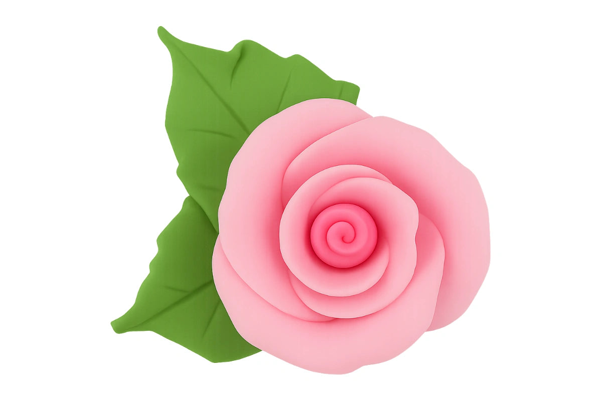 Pink Single Tea Rose with 2 Leaves - Sweet Sugar Flowers