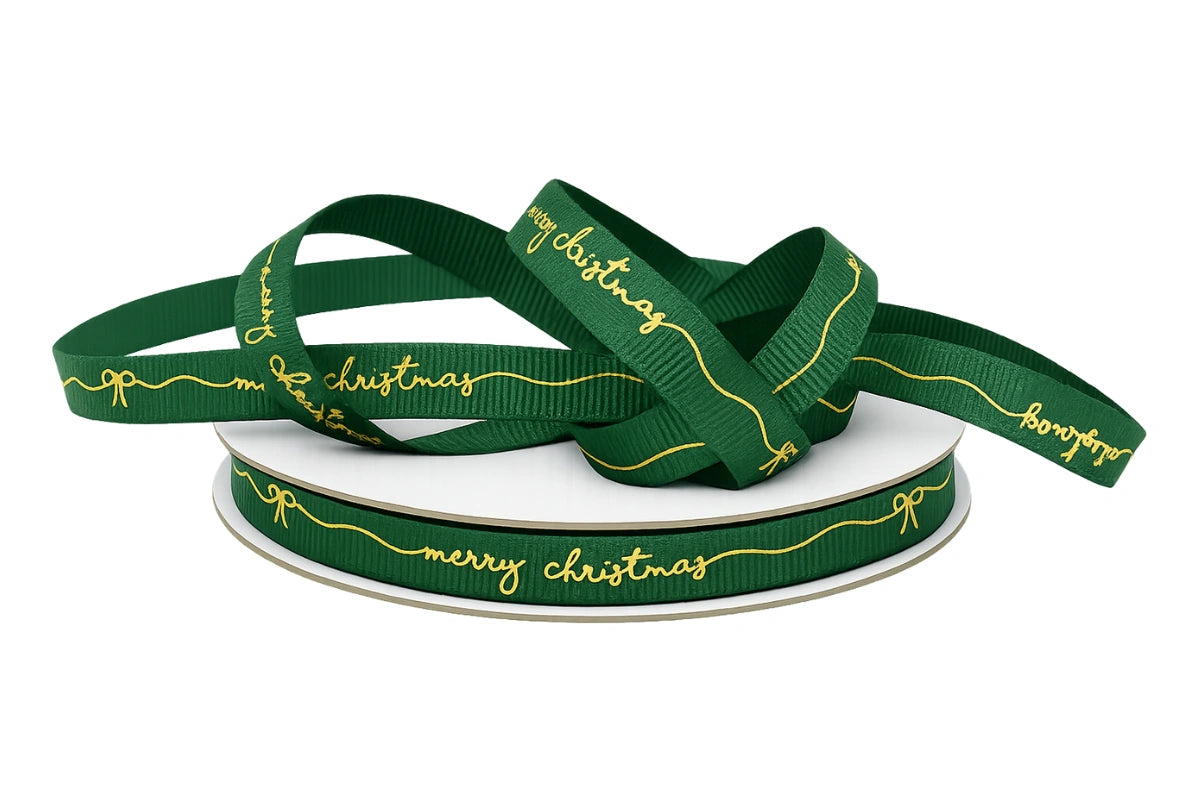 Green Grosgrain Merry Christmas Gold Print 1m 9mm - Iconic Cake Art