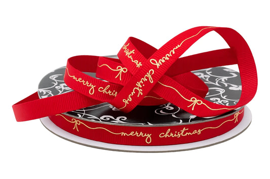 Gold Grosgrain Merry Christmas Print 1m Red 9mm - Iconic Cake Art