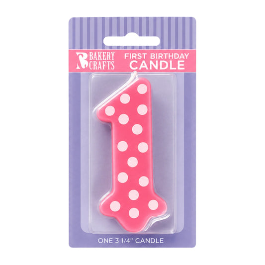 Pink First Birthday Candle - with Dots 3.25 Inch - Bakery Crafts