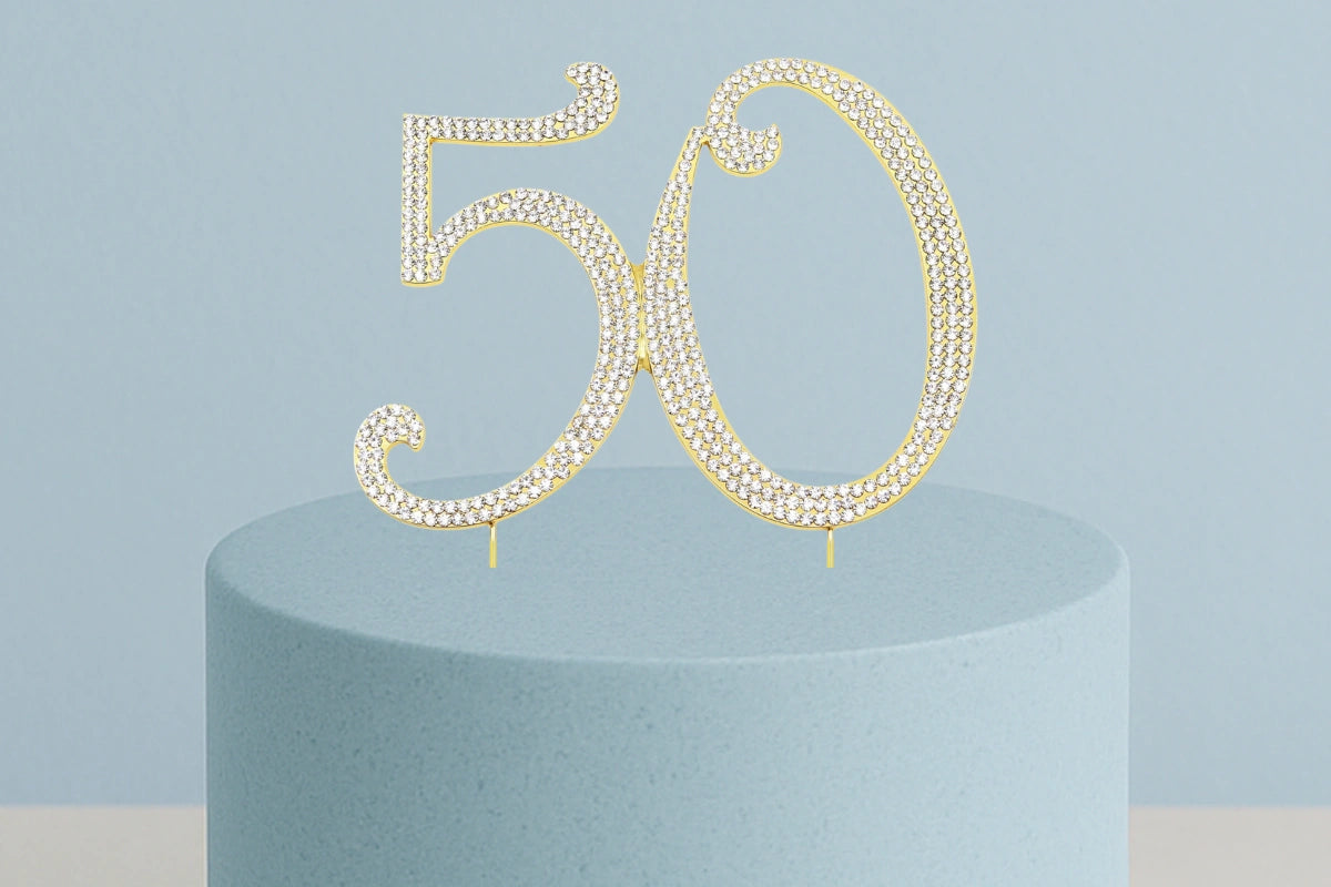 Gold 50th Anniversary Diamante Pick - 50 Fifty Cake Topper Rhinestone Monogram - Iconic Cake Art