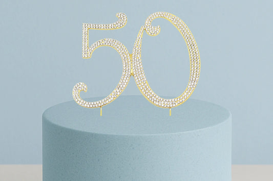 Gold 50th Anniversary Diamante Pick - 50 Fifty Cake Topper Rhinestone Monogram - Iconic Cake Art