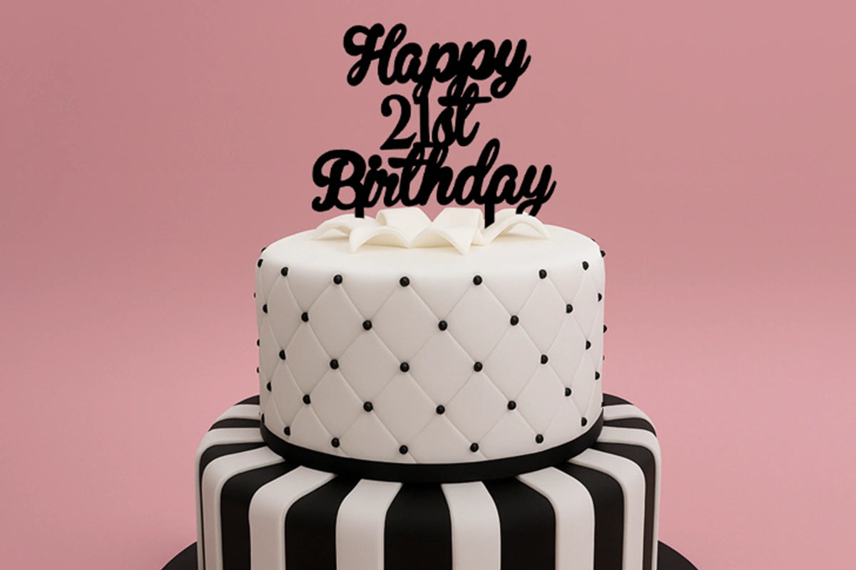 Black Happy 21st Birthday - Curled Font - Cake Topper - Iconic Cake Art