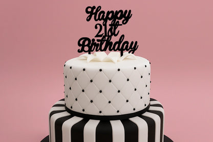 Black Happy 21st Birthday - Curled Font - Cake Topper - Iconic Cake Art