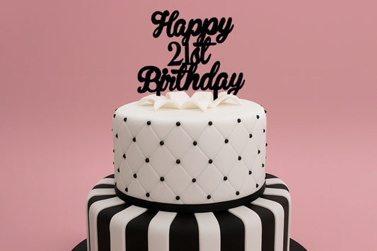 Black Happy 21st Birthday - Curled Font - Cake Topper - Iconic Cake Art