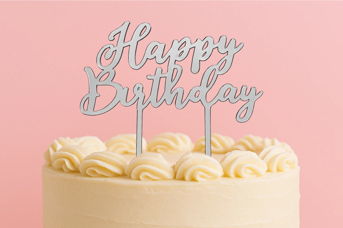 Silver Happy Birthday - Cake Topper - Mirror - Iconic Cake Art