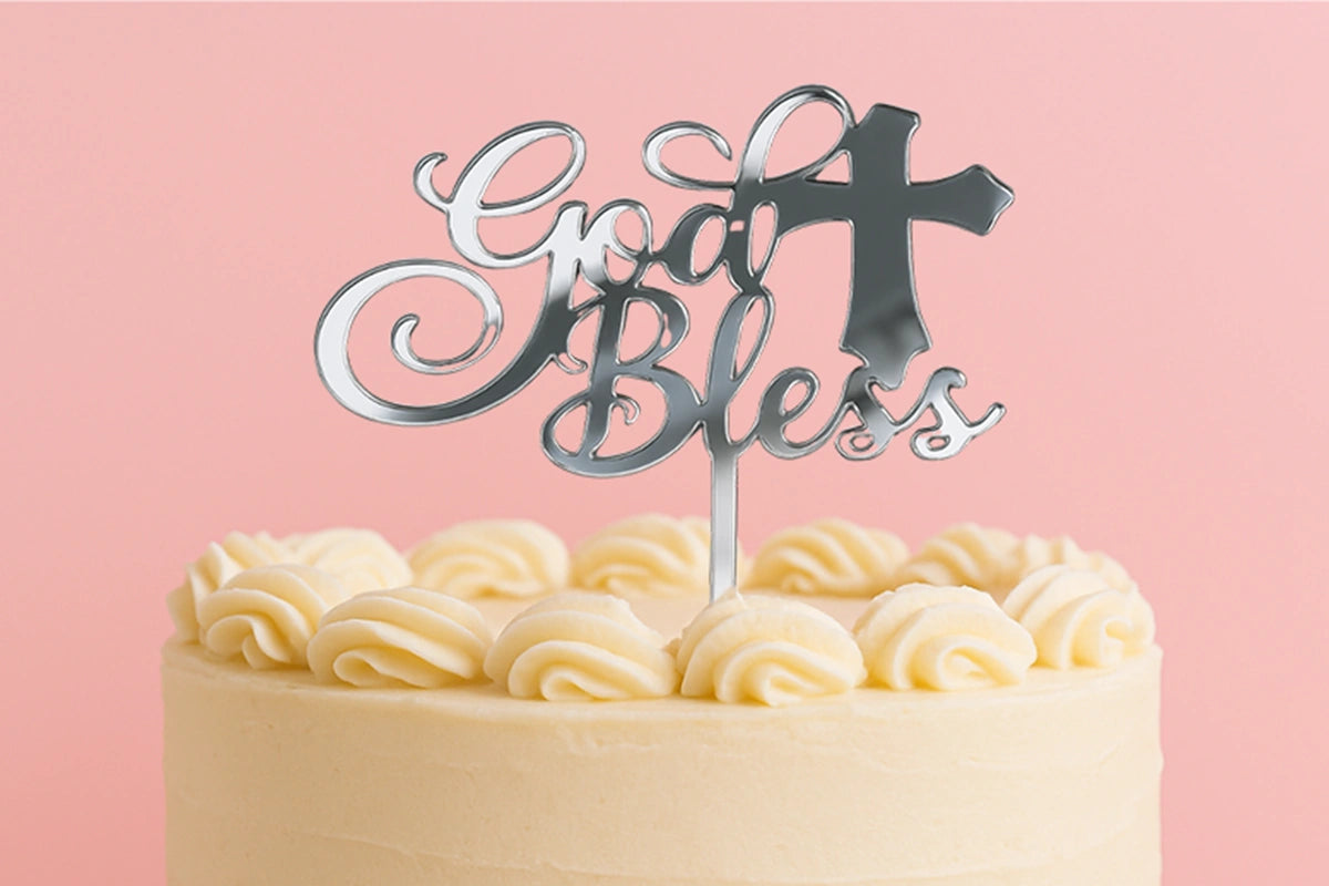 Silver God Bless - Cake Topper - Mirror - Iconic Cake Art