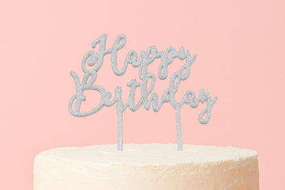 Silver Happy Birthday - Cake Topper - Glitter - Iconic Cake Art