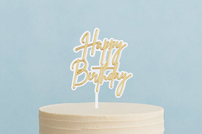 White Happy Birthday N Gold - Cake Toppers - Iconic Cake Art