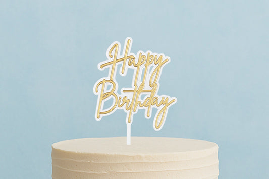 White Happy Birthday N Gold - Cake Toppers - Iconic Cake Art