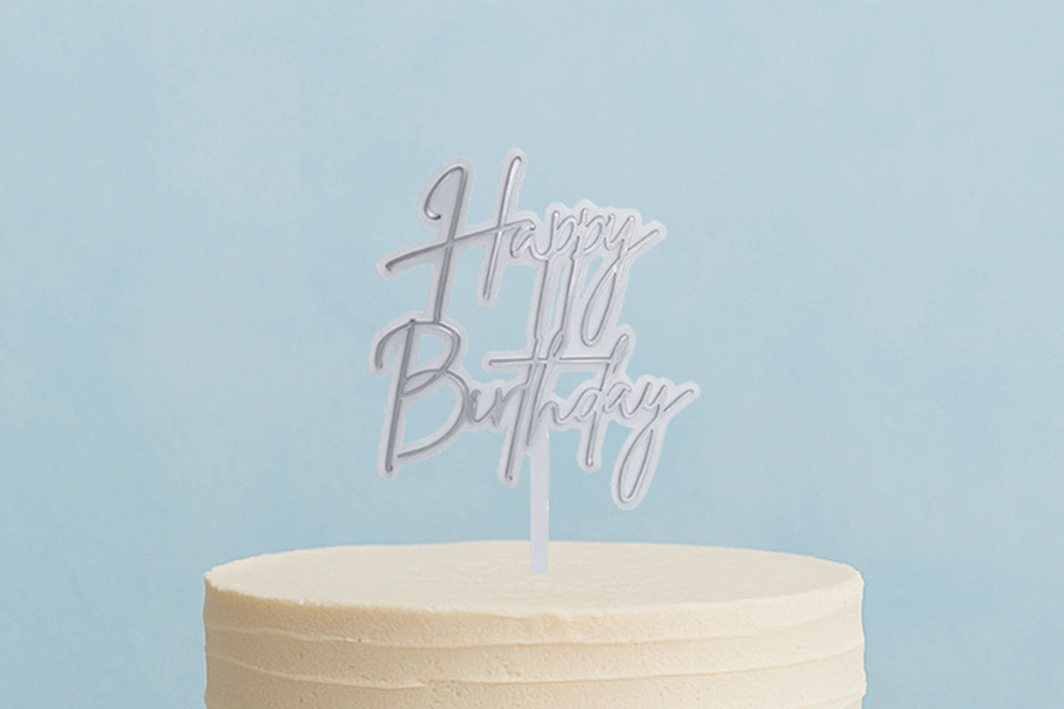 Silver Happy Birthday White N - Cake Toppers - Iconic Cake Art