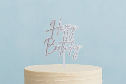 Silver Happy Birthday White N - Cake Toppers - Iconic Cake Art