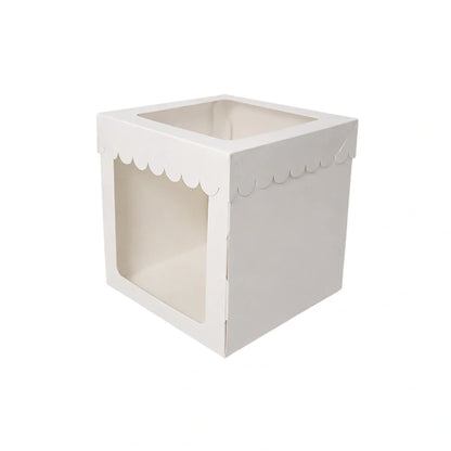 White 8 inch display cake box with two clear windows on the top and front and a scalloped edge trim, shown flat on a white background