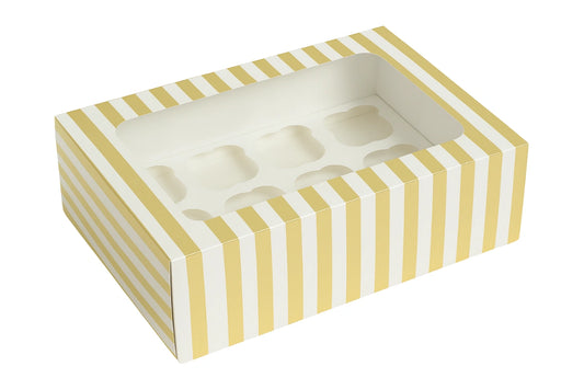 12 Holds Stripe Cupcake Box Iconic Cake Art - Gold
