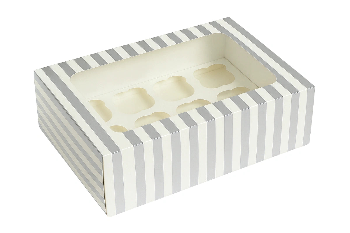 12 Holds Stripe Cupcake Box Iconic Cake Art - Silver