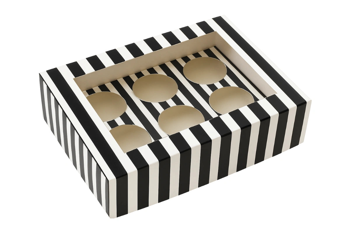 BLACK and WHITE STRIPE Cupcake Box - 6 Cupcakes