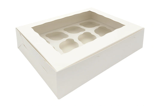 White Cupcake Box with White Base - Holds 12 Cupcakes