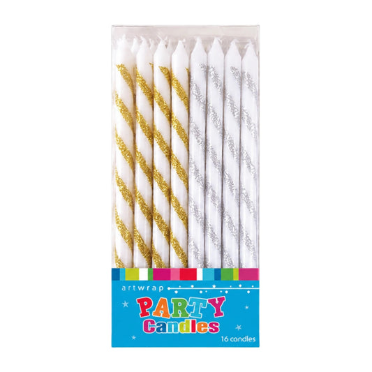Silver And Gold Spiral Glitter Candles (16 Pack) - Artwrap