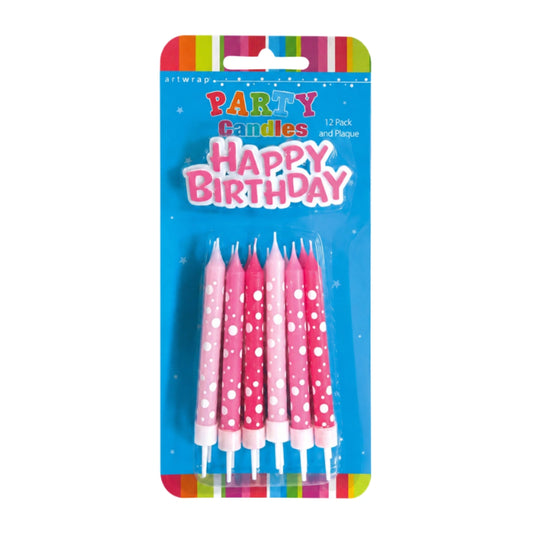 Pink Polka Dot Birthday Candles with Plaque (12 Pack) - Artwrap