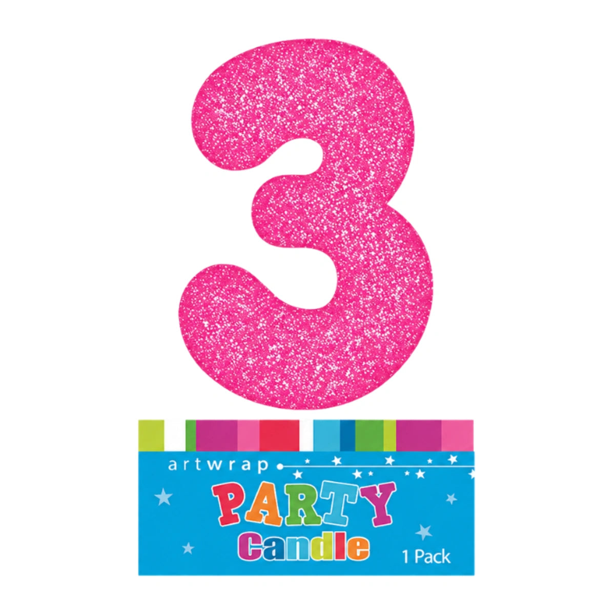 Pink Three Glitter Number 3 Candle - Artwrap