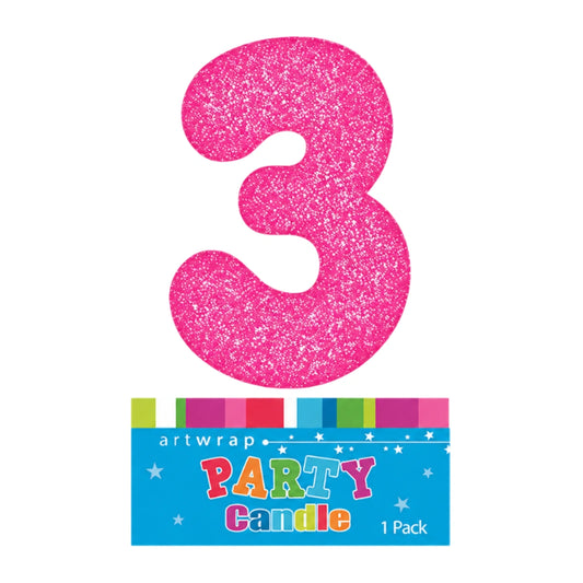 Pink Three Glitter Number 3 Candle - Artwrap
