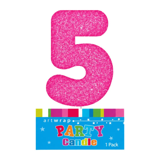 Pink Five Glitter Number 5 Candle - Artwrap