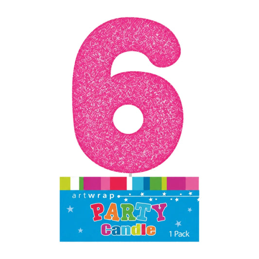 Pink Six Glitter Number 6 Candle - Artwrap