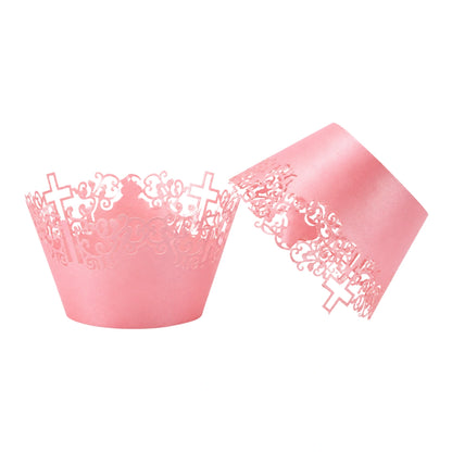 Pink Christ Cross Baby Cake Wrappers - Cake Decorating Tools - Pack of 12 Wraps. - Gateau Art