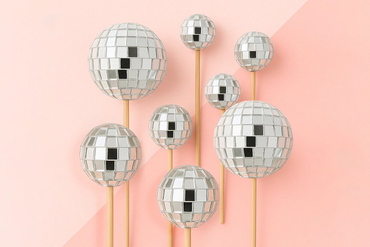 , 4cm, 5cm, 6cm Set of Disco Ball with Sticks 3cm (8 Pack) - Iconic Cake Art