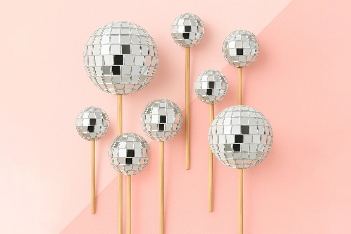 , 4cm, 5cm, 7cm Set of Disco Ball with Sticks 3cm (8 Pack) - Iconic Cake Art