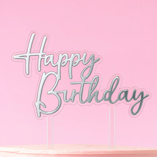 Silver Happy Birthday Topper - Iconic Cake Art