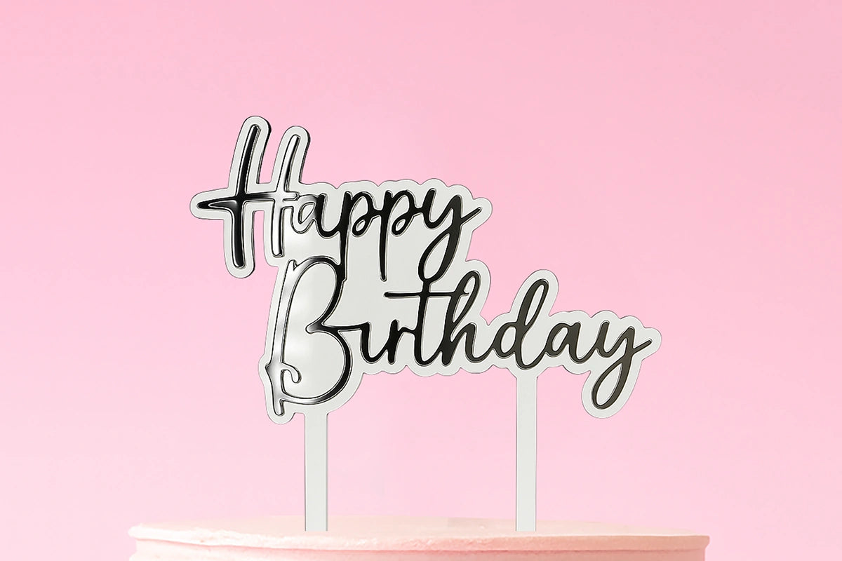 Silver Happy Birthday Topper - Iconic Cake Art