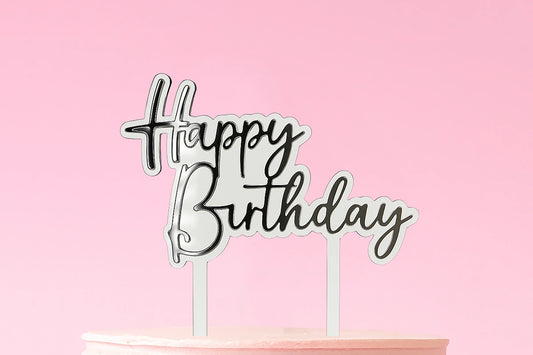 Silver Happy Birthday Topper - Iconic Cake Art