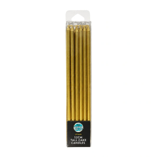 Gold Tall Candles 12cm (12 Pack) - Iconic Cake Art