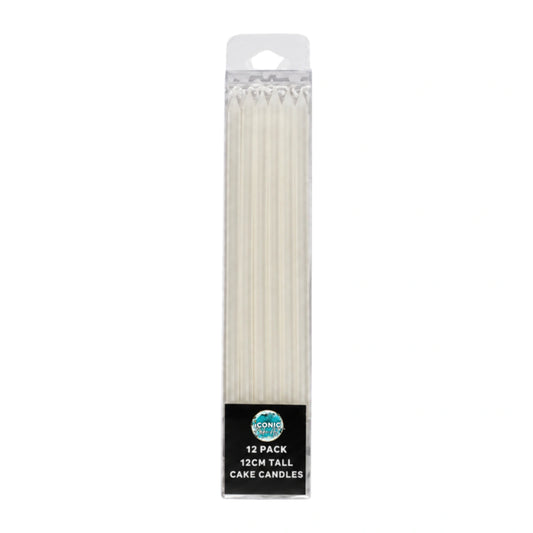 White Tall Pearl Candles 12cm (12 Pack) - Iconic Cake Art