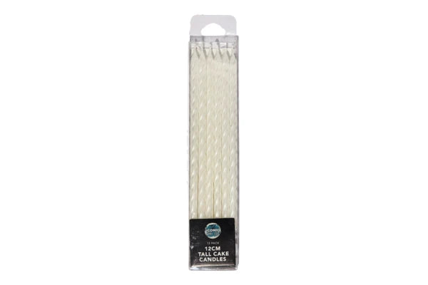 White Tall Pearl Spiral Candles 12cm (12 Pack) - Iconic Cake Art