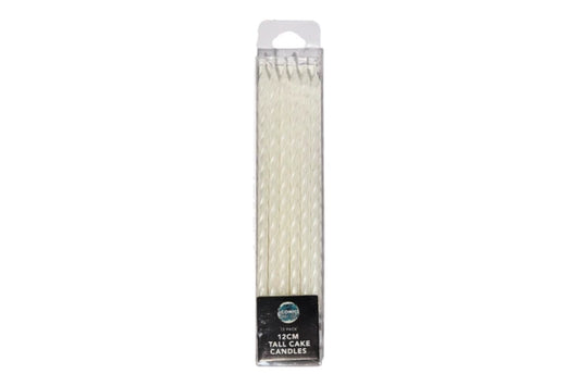 White Tall Pearl Spiral Candles 12cm (12 Pack) - Iconic Cake Art