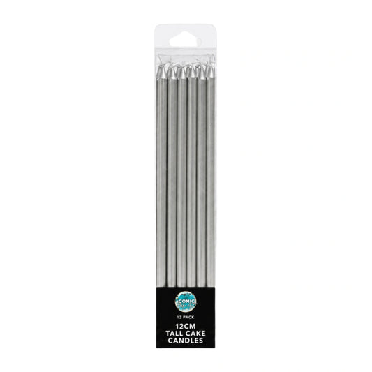 Silver Tall Candles 12cm (12 Pack) - Iconic Cake Art