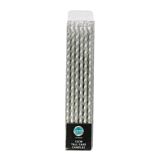 Silver Tall Spiral Candles 12cm (12 Pack) - Iconic Cake Art