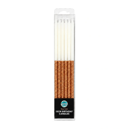 Rose Gold Glitter Dip Candles 15cm (12 Pack) - Iconic Cake Art