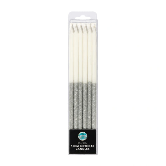 Silver Glitter Dip Candles 15cm (12 Pack) - Iconic Cake Art