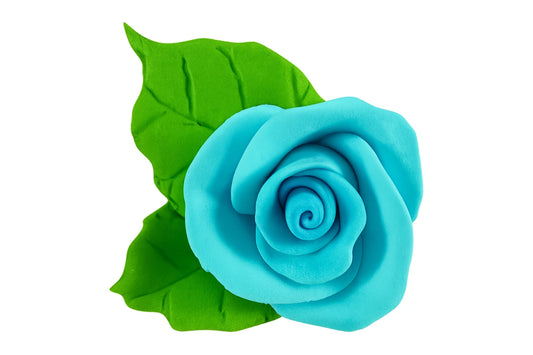 Blue Single Tea Rose with 2 Leaves - Sweet Sugar Flowers