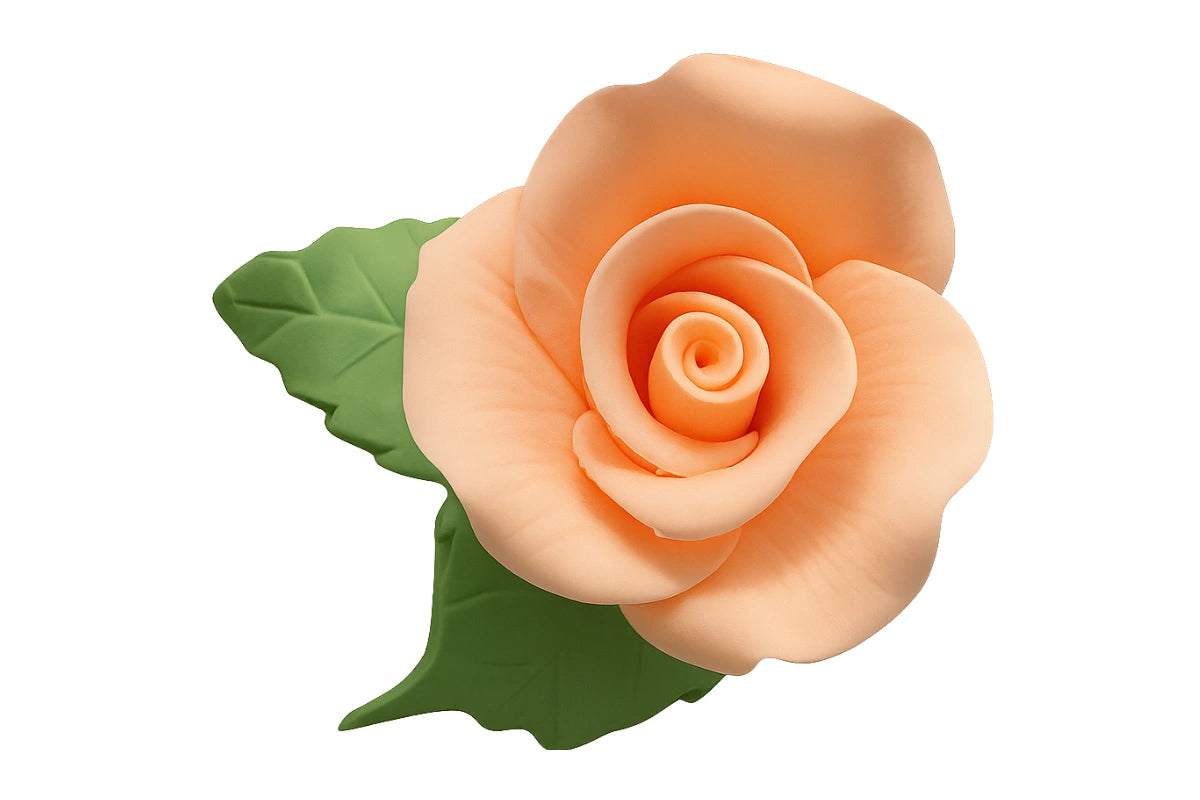 Peach Single Tea Rose with 2 Leaves - Sweet Sugar Flowers